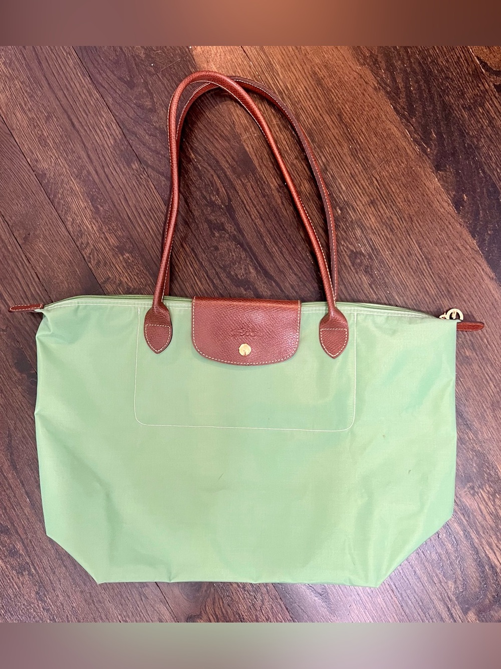 Longchamp Le Pliage Large Green Nylon Brown Leather Shoulder Tote Bag